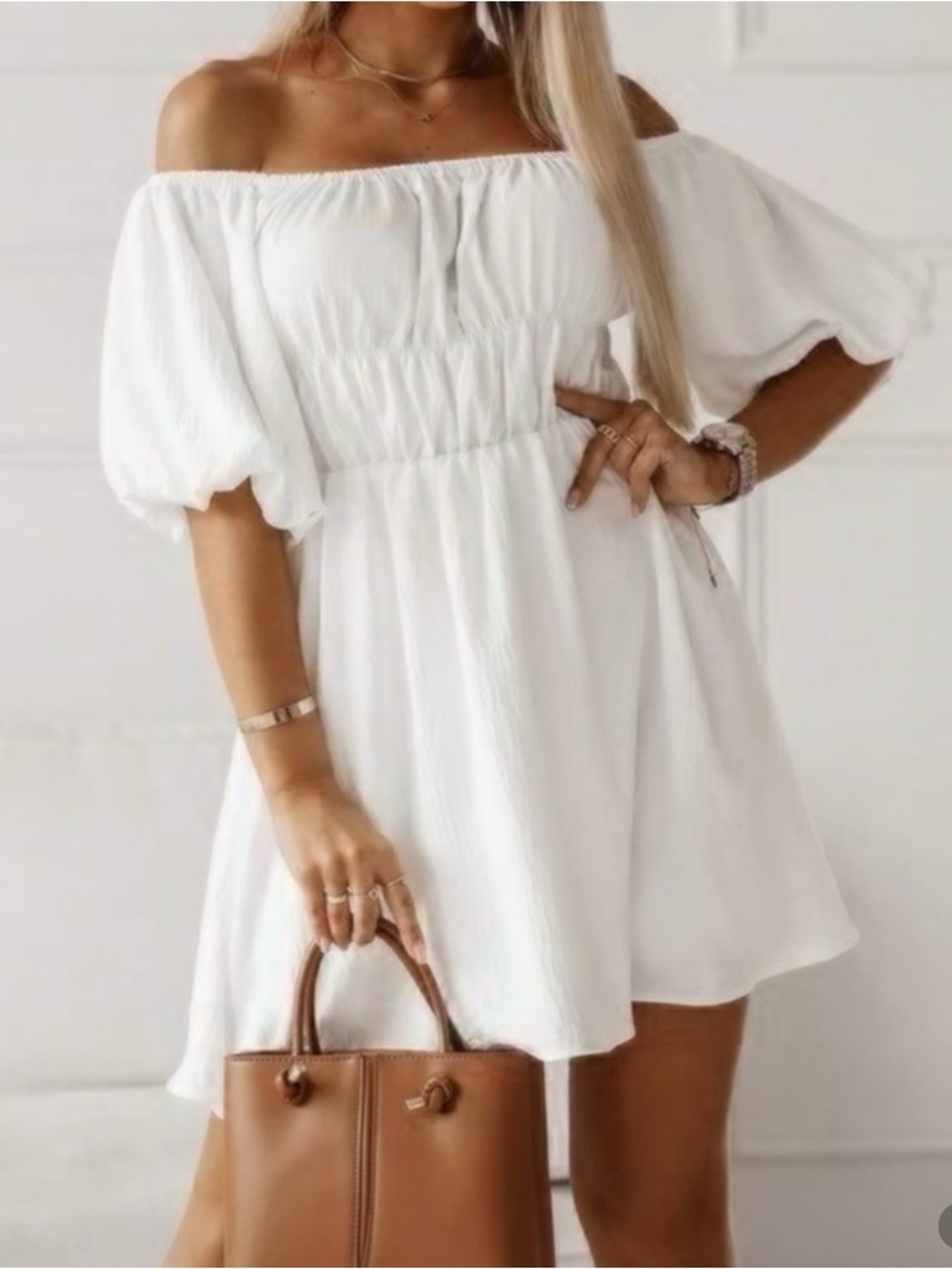 SHEIN White Puff Sleeve Mini Dress & Navy Floral Off-Shoulder Mini Dress - Picture 7 of 8
